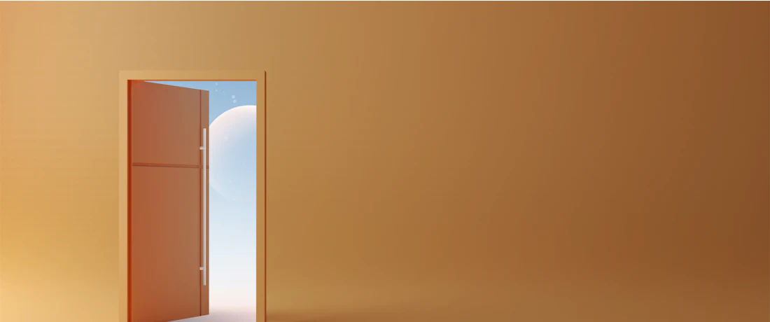 an open door leading to a bright orange room